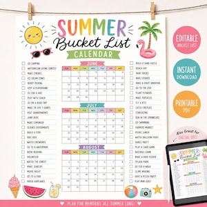 May include: A printable summer bucket list calendar featuring a colorful header, monthly grids for June, July, and August, and two columns of activity checklists. The design includes illustrations of a sun, sunglasses, a flamingo, and ice cream.
