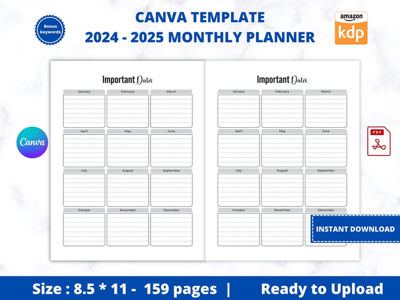 2024 2025 Monthly Planner CANVA Template Fully Editable & Customizable Calendar 2025 Template Canva