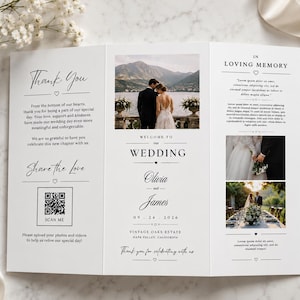 May include: A tri-fold wedding program featuring black text and three photographs of a couple. The center panel displays the names Olivia and James, the date 09-24-2026, and the location Vintage Oaks Estate. The left panel includes a QR code for photo uploads.