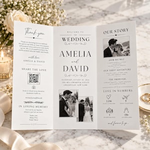 May include: A tri-fold wedding programme featuring black text and monochrome photographs on white paper. The layout includes sections titled Thank You, Welcome to Our Wedding, and Our Story, with names Amelia and David, a QR code, and timeline details.