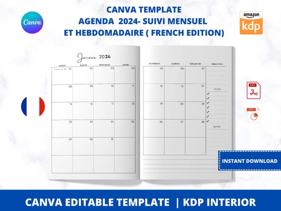 Agenda 2024 Suivi Mensuel Et Hebdomadaire En Français KDP Interior French  Edition 