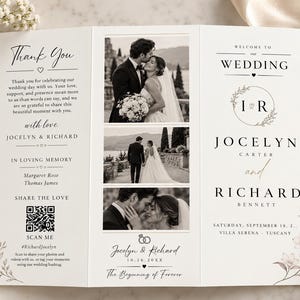 Puede incluir: Un programa de boda tríptico con fotos en blanco y negro de una pareja, tipografía serif elegante y un código QR. El texto incluye los nombres Jocelyn y Richard, detalles de la boda, una nota de agradecimiento y una sección conmemorativa.
