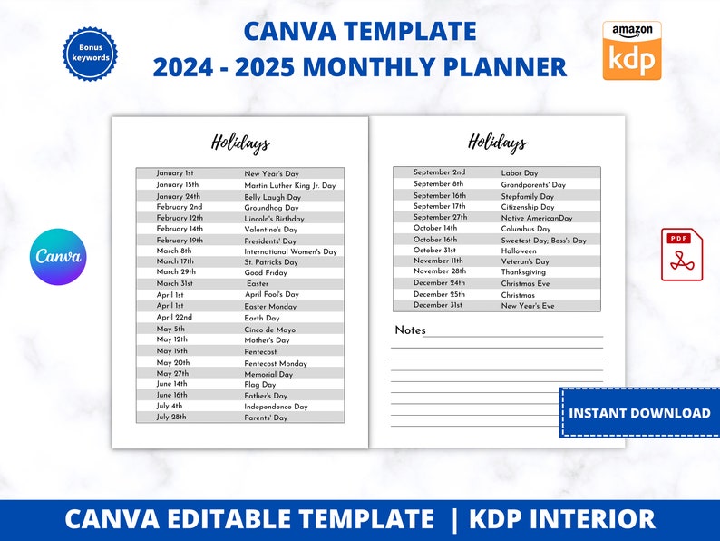 2024 2025 Monthly Planner CANVA Template Fully Editable & Customizable