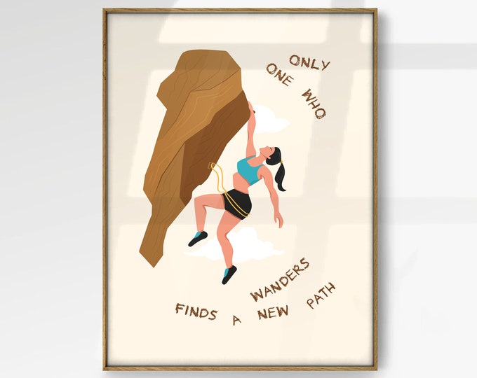 Rock Climber Girl Poster, Motivatinal Art Print, Boho Travel Wall Decor, Rock Climbing Wall Art for Climbers, Rock Climbing Gift