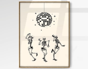 Dancing Skeletons Halloween Wall Art, Disco Ball Aesthetic Print, Funky Wall Art, Trendy Poster, Elegant Wall Decor, Housewarming Gift