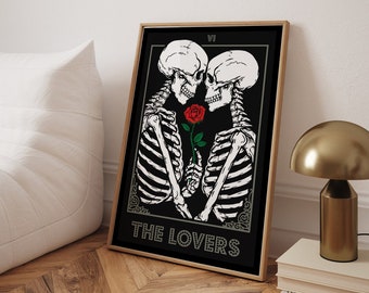 The Lovers tarot card, Gothic Romantic Skeleton Couple, The Lovers Skeleton, Love Tarot Card, Skeleton love, Dark Cottagecore Room Decor