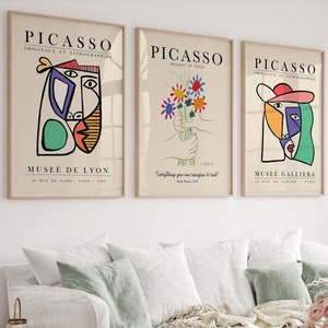 Picasso Set of 3 Prints, Picasso The Kiss, Gallery Wall Bundle, Picasso One Line Sketches, Abstract Picasso Prints, Mid Century Modern