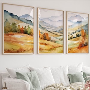 Conjunto de parede de galeria de outono com 3 peças | Arte de parede country com 3 peças | Conjunto de parede de outono em aquarela | Impressão de parede aconchegante de outono | Arte com abóbora e folhagem