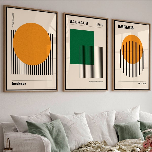 Bauhaus 3er Set, Bauhaus druckbares Ausstellungsplakat, Orange Mid Century Moderne Wandkunst 3er Set, Bauhaus Drucke, Minimalistische Retro Kunst