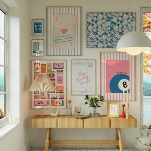 Preppy  Blue and Pink Preppy Set of 8, Aesthetic  Wall Art, Trendy Girls Dorm Decor, How Lucky Are We, Coquette Bow Boots, Matchbox print