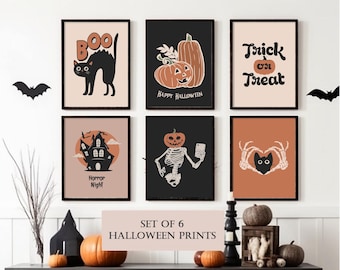 Halloween prints wall art, set of 6 printable, spooky home decor, Retro Halloween Prints, halloween gallery wall set, Cat halloween