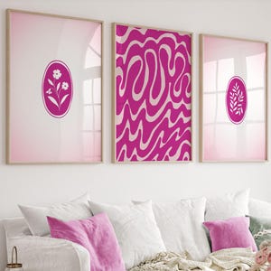 Juego de 3 pósteres rosa intenso, decoración de habitación estética minimalista rosa oscuro, juego de pósteres retro, arte de pared moderno y bonito, juego de impresiones artísticas abstractas rosa
