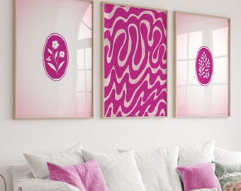 Hot Pink Poster Set of 3, Room Decor Aesthetic Minimalist Dark Pink, Retro Poster Set, Cute Trendy Wall Art, Abstract Pink Art Print Set