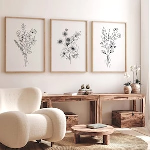 Flower Line Kunstdrucke, 3er-Set Drucke, Blumenstrauß Wandkunst, Blumendruck, Blumen Wandkunst, Minimale Blumendrucke, Botanische Drucke