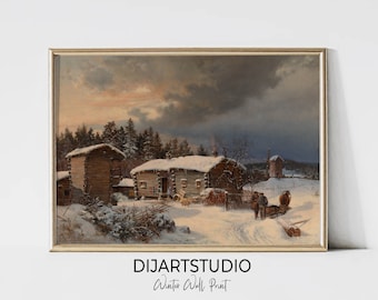 Vintage Winter Landscape Painting: Rustic Farmhouse Print (Digital Download)