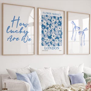 How Lucky Are We Print, Blue Floral Bow Wall Art Set of 3, Aesthetic Trendy Coastal Dorm College Apartment Chinoiserie Prints, London Print