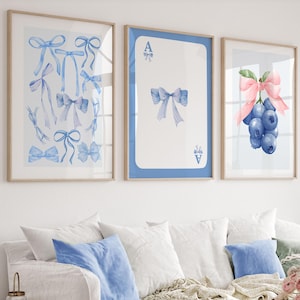 Trendy Blaue Schleifen Wand Kunst 3er Set, Preppy Plakat, College Wohnung Dekor, Aquarell Bögen Druck, kokette Raumdekoration, Girly Wandkunst,