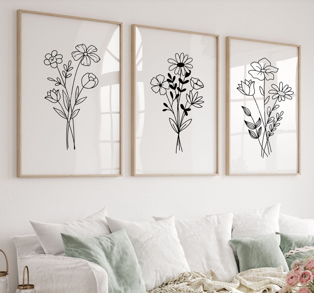 Minimalist Flower Line Art Prints: Set of 3 Botanical Prints (digital ...