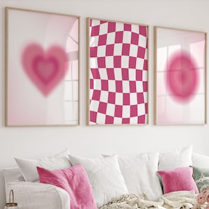 Juego de 3 pósteres rosas con impresiones estéticas, decoración de habitación rosa para niñas, arte de pared rosa fuerte de 3 piezas, arte de pared rosa ruborizado para dormitorio, rosa