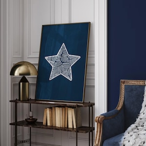 Retro Star Art Print, Hand Drawn Star Poster, Dark Blue White Wall Art, Trendy Aesthetic Digital Art, Modern Wall Decor, Trendy Wall Print