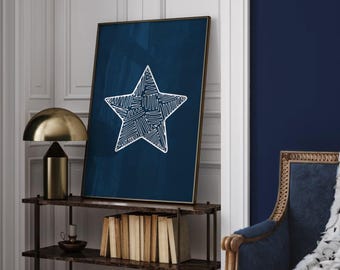 Retro Star Art Print: Dark Blue & White Wall Decor (Digital Download)