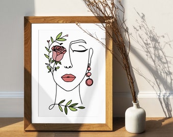 Line Art-print vrouw: bloemhoofd, abstract portret (digitale download)