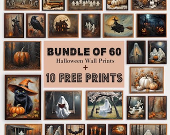 May include: A collection of framed Halloween wall prints. The prints feature various spooky scenes, including ghosts, pumpkins, witches, and haunted houses. The text "BUNDLE OF 60 Halloween Wall Prints + 10 FREE PRINTS" is displayed in the center.