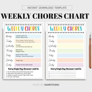 Weekly Chores Chart, Printable Editable Daily &amp; Weekly Kids Chore ...