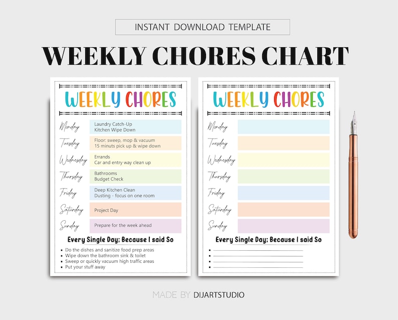 Weekly Chores Chart, Printable Editable Daily &amp; Weekly Kids Chore ...