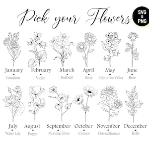 Birth Month Flower Bouquet Svg Bundle, Birth Month Flower, Flower Svg, Floral Svg, Birth flower,Flower Bouquet,flower,flowers,tattoo,Svg,Png