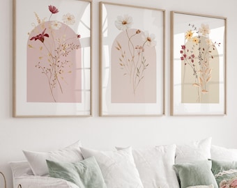 Flower Wall Art Set of 3, Watercolor Floral Prints, Wild Flowers ...