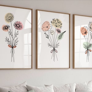 Flower Line Kunst Poster, 3er-Set Drucke, Blumenstrauß Wandkunst, Botanischer Druck, Minimale Blumendrucke, Line Art Blumen, SOFORTIGER DOWNLOAD