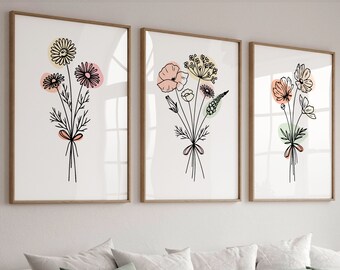 Floral Line Art Print Set: Minimalist Botanical Wall Art (Instant Download)