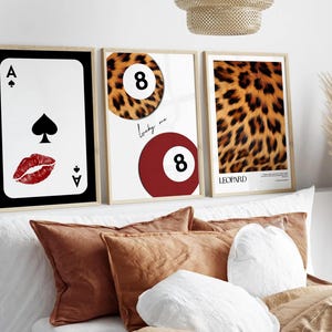 Trendy 8 Ball Leopard Print, Retro Lucky Girl Poster, Ass-Karte mit Kuss Wandkunst, Funky Y2K Ästhetisches Wohnung Dekor, Preppy Cheetah Print