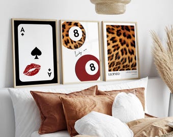 Trendy 8 Ball Leopard Print, Retro Lucky Girl Poster, Ace Card with Kiss Wall Art, Funky Y2K Aesthetic Apartment Decor, Preppy Cheetah Print