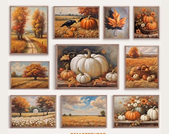 May include: A set of nine framed fall-themed paintings. The paintings feature landscapes with trees, fields, and pumpkins, as well as still life arrangements of pumpkins and leaves.