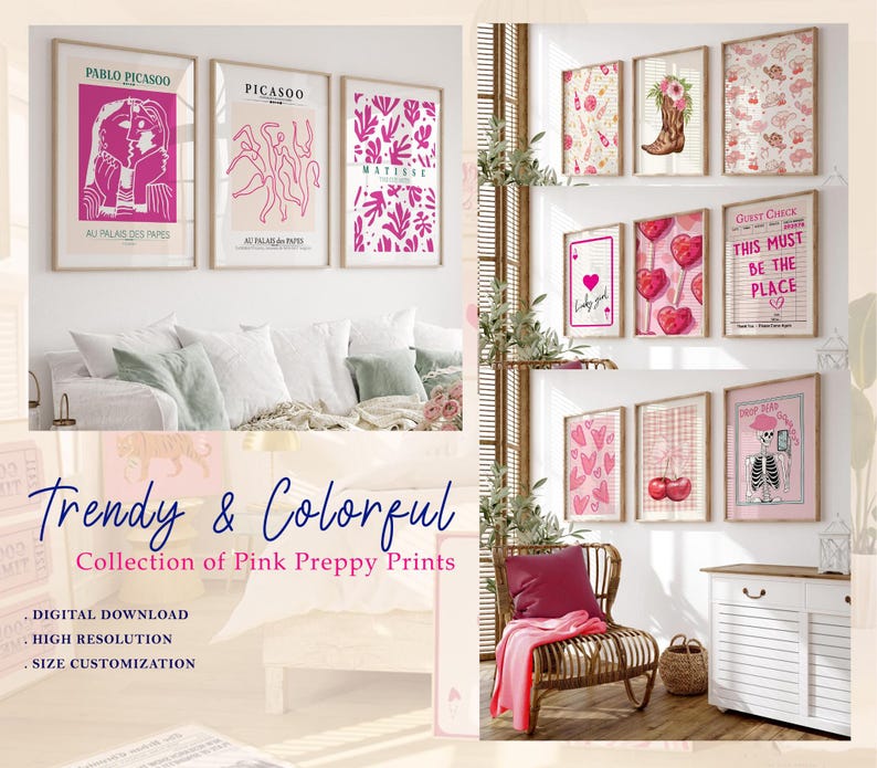 Preppy Pink Wall Art, Coquette Retro Print, Bedroom Wall Art, Dorm Room Decor, whole shop bundle, entire shop bundle,, pink coquette prints, Kitchen wall art, Bathroom Wall Art, trendy pink wall art, funny wall art, vintage gallery wall, preppy wall bundle