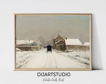 May include: A vintage painting depicting a snowy winter scene with a horse-drawn carriage travelling down a road lined with houses. The sky is a muted grey, and the snow is freshly fallen.