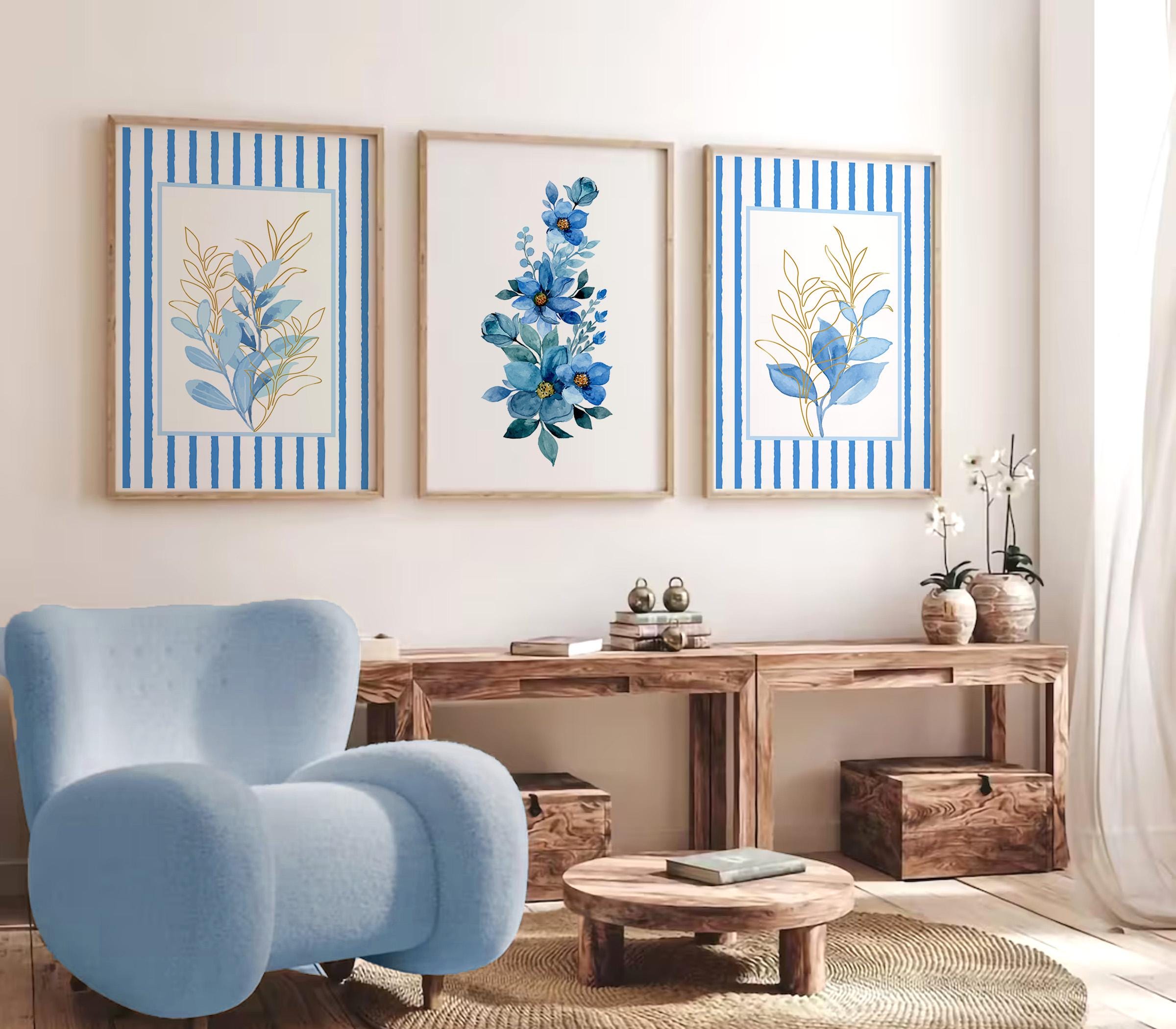 Blue Wildflower Watercolor Prints Set: Modern Boho Wall Art (digital ...