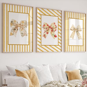 Trendy Gelbe Schleifen Wand Kunst 3er Set, Preppy Plakat, College Wohnung Dekor, Aquarell Bögen Druck, kokette Raumdekoration, Girly Wandkunst,
