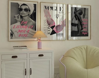 Coquette & Preppy Wall Art Set of 3, Girly Y2k Fashion Poster, Trendy College Apartment Bedroom Decor for Clean Girl, Fashion Magazine Style