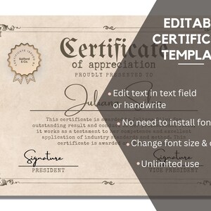 Printable Certificate Template, Editable Certificate of Appreciation ...