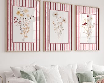 Striped Floral Art Prints: Watercolor Wildflower Set of 3 (Digital Download)