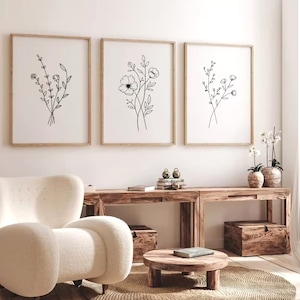 Juego de 3 impresiones de arte lineal con flores, estampado de flores silvestres en blanco y negro, decoración de pared minimalista, estampado floral, arte de pared con flores, estampados botánicos