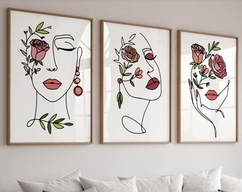Flower Head Woman Line Art Print Set of 3, Floral Woman Line Drawing ...