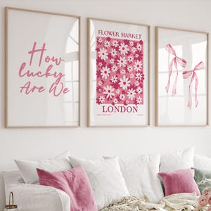 How Lucky Are We Print, Pink Floral Bow Wall Art Set of 3, Aesthetic Trendy Coastal Dorm College Apartment Chinoiserie Prints, London Print