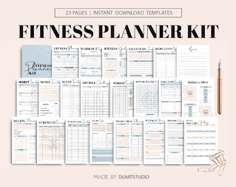 May include: A printable fitness planner kit with 23 pages. The kit includes trackers for habit, mood, sleep, weight loss, to do list, weekly meal planning, and more. The pages are designed with a light blue and white color scheme.