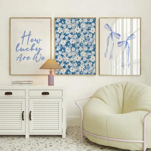 How Lucky Are We Print, Blue Floral Bow Wall Art Set of 3, Aesthetic Trendy Coastal Dorm College Apartment Chinoiserie Prints, London Print