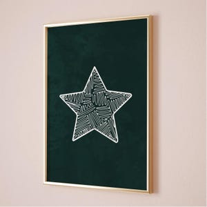 Retro sterkunstprint, handgetekende sterposter, donkergroen witte muurkunst, trendy esthetische digitale kunst, modern muurdecor, trendy muurafdruk