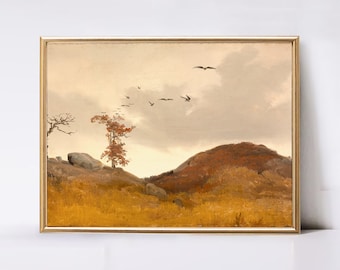 ヴィンテージの秋の風景油絵：素朴な秋のアートプリント（デジタルダウンロード）